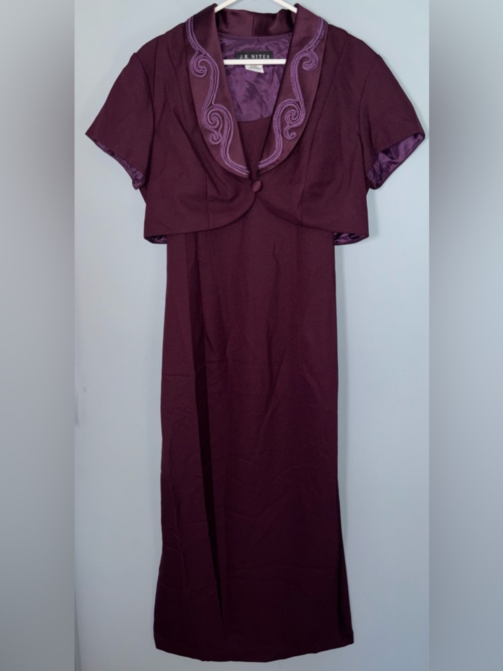 JR Nites Women’s 14 Two-Piece Dress Plum with Embroidered Trim Crop Top
